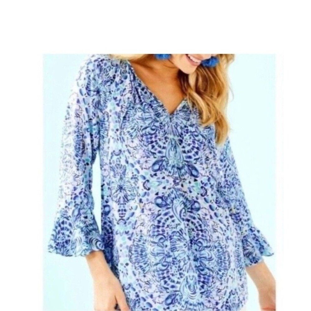 Lilly Pulitzer Willa Blouse Blue Rayon Floral Print V Neck Tunic Top Size Small